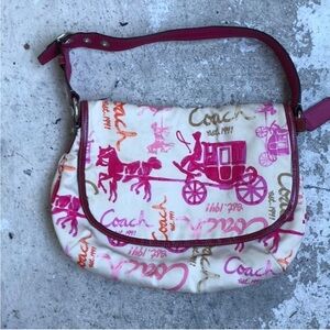 COACH Multi-Color Pink Orange Tan Sateen Leather Horse & Carriage Hobo F…
